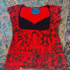 One of a kind Peach Berzerk top with illustrations